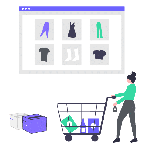 Illustration of a person pushing a shopping cart in front of an e-commerce website displaying clothing products, representing the role of a performance marketing agency in boosting online sales.