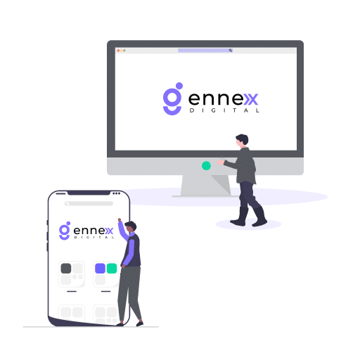 Illustration of Gennex Digital’s logo displayed on a desktop screen and a mobile phone, symbolizing its digital-first approach as the best digital marketing agency in Delhi.