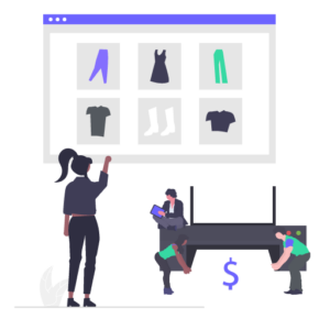 Illustration of a team designing an e-commerce website featuring clothing products, emphasizing the role of web development services in creating functional and profitable online stores.