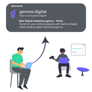 Illustration showcasing Gennex Digital, a top performance marketing company, featuring professionals working on laptops and improving online presence with creative strategies.