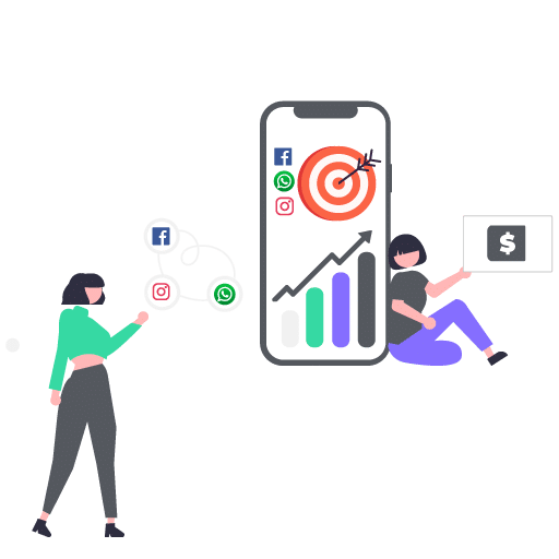 Illustration of two individuals working with a smartphone displaying social media icons, a target, and growth metrics, symbolizing a performance marketing agency.