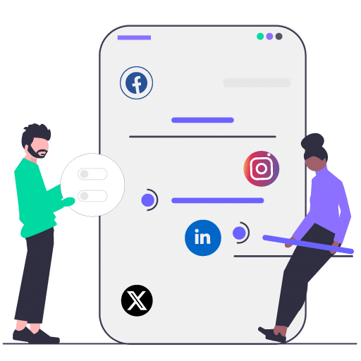 Illustration of two people managing social media platforms like Facebook, Instagram, LinkedIn, and X for off-page SEO optimization in Delhi. SEO Services in Delhi