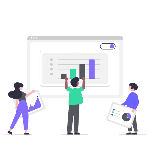 Illustration of a team analyzing bar charts and graphs to optimize SEO performance in Delhi. SEO Services in Delhi