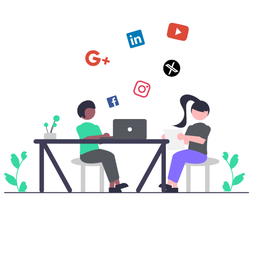 An illustration of two people working at a desk with floating social media icons, representing marketing agencies in Delhi offering digital marketing solutions.