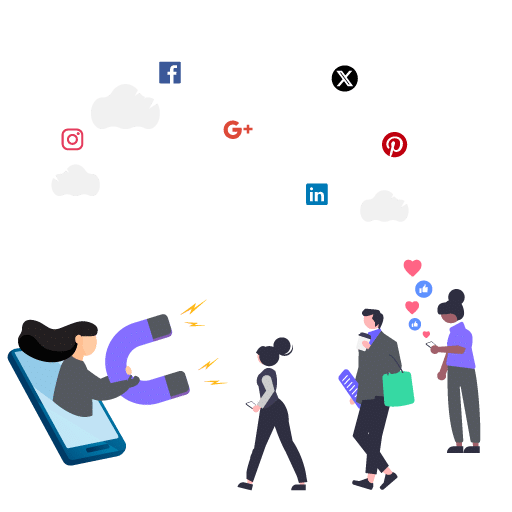 Illustration of a mobile phone user with a magnet attracting people and symbols of social media platforms like Facebook, Instagram, LinkedIn, and Pinterest, representing social media engagement and connection. Social Media Management Agency in Delhi