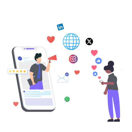 Illustration of a mobile phone with a man holding a megaphone, surrounded by icons like Instagram, LinkedIn, and WhatsApp, symbolizing social media engagement. A person interacts with their phone while surrounded by heart and like icons. Social Media Management Agency in Delhi SEO Description: Enhance your brand’s visibility and engagement with a leading Social Media Management Agency in Delhi. Leverage platforms like Instagram, LinkedIn, and WhatsApp to optimize your online presence and connect with your audience effectively.