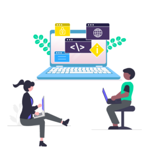 Illustration of two people working on laptops with a large screen displaying website development icons, symbolizing professional website development services.